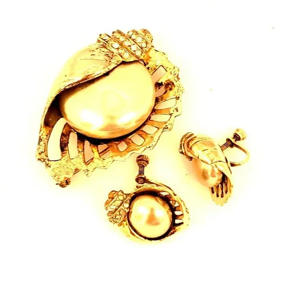 Marslieu Sterling Silver Gold Nautilus Shell Pearl Brooch Earring Set Signed VTG